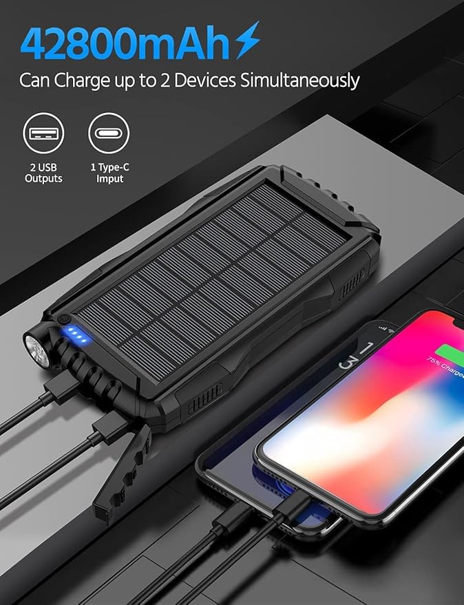 Solar Charger, Power Bank, 42800mAh Portable Charger Power Bank External Battery Pack 5V3.1A Qc 3.0 Fast Charger Built-in Super Bright Flashlight (Black)