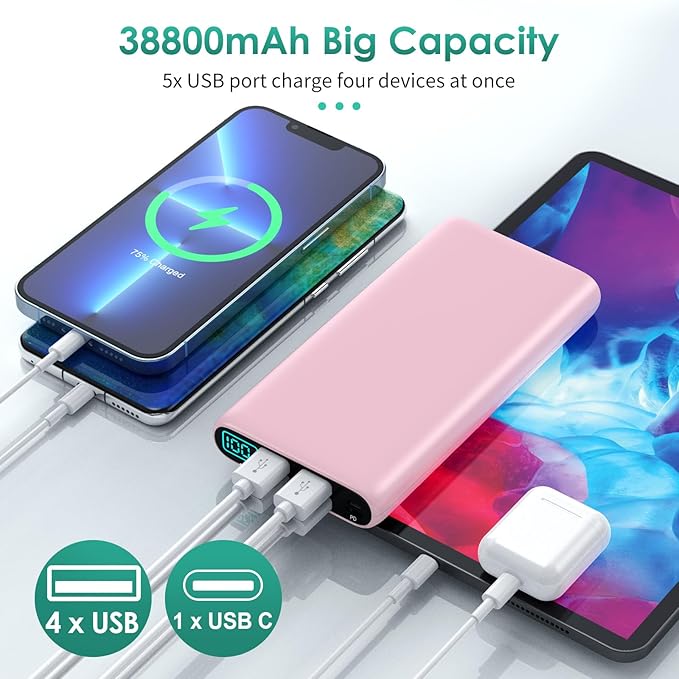 Portable Charger 38800mAh,LCD Display Power Bank,5 USB Outputs Battery Pack Backup,USB-C in&out Dual Input Phone Charging Compatible with iPhone 16/15/14/13 Pro,Android Samsung Galaxy Pixel Nexus-Pink