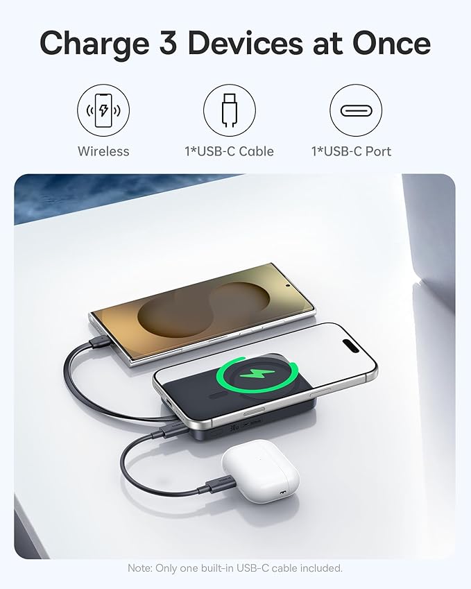 Baseus 45W Ultra Slim 10000mAh Power Bank Built-in USB-C Cables Bundle with 10,000mAh 30W Magnetic Portable Charger, Fast Charging Wireless Battery Pack with Built-in Braided USB-C Cable