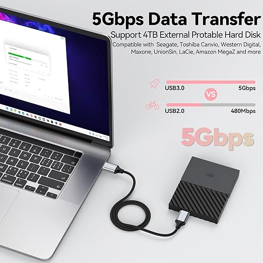 USB 3.0 to Micro B Cable 10ft, External Hard Drive Cord 5Gbps SuperSpeed Data Transfer Nylon Braided for Seagate Toshiba WD My Passport LaCie, SSD, Camera, Brother Mobile Scanner, Laptop, Tablet