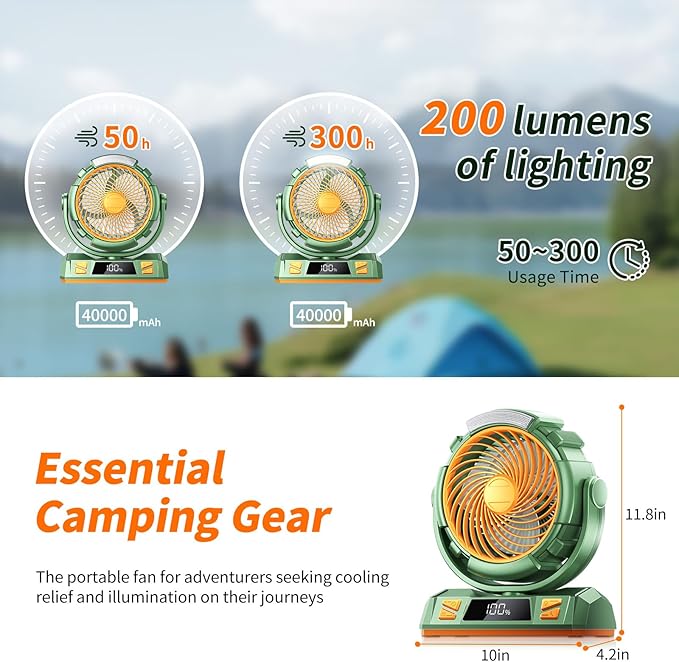 Camping LED Fan with Light, 40000mAh Rechargeable Battery Powered Outdoor Tent Fan with Light and Hook, 6 Speed, Personal USB Desk Fan for Camping, Fishing, Power Outage,Hurricane, Worksite