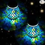 2 Pack Mosaic Blue Solar Lanterns, Outdoor Glass Hanging Lights, Waterproof, Solar Table Lamps, Christmas Gifts for Women Mom Grandma, Night Lights, Decoration for Garden, Patio, Yard, Outdoor Decor