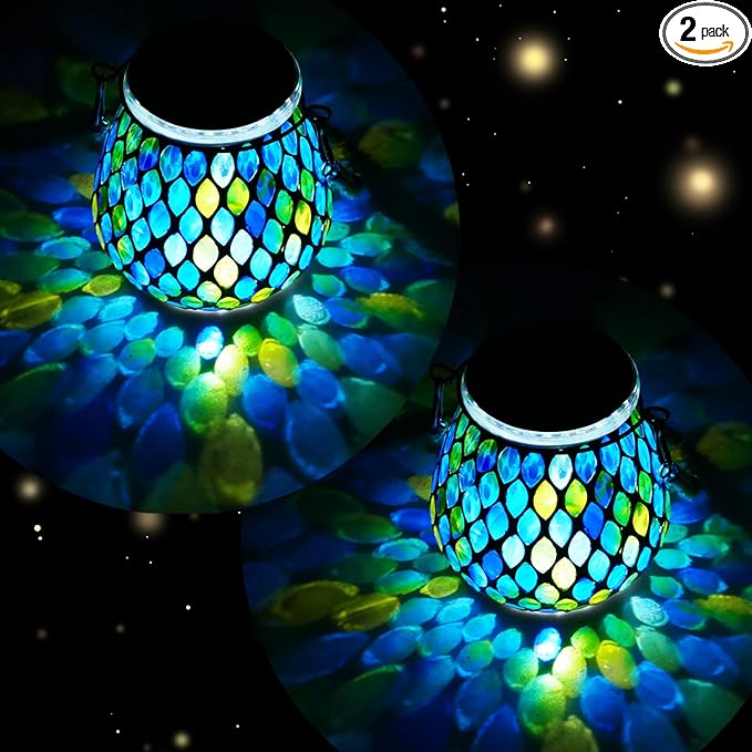 2 Pack Mosaic Blue Solar Lanterns, Outdoor Glass Hanging Lights, Waterproof, Solar Table Lamps, Christmas Gifts for Women Mom Grandma, Night Lights, Decoration for Garden, Patio, Yard, Outdoor Decor