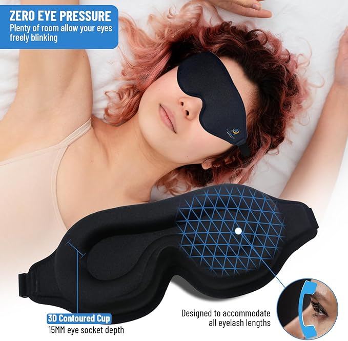 3D Sleep Mask for Men Women | 100% Blackout, Zero Eye Pressure, Breathable Material | Comfortable Night Blindfold for Sleeping, Travel and Meditation (Black)