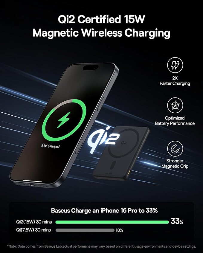 Baseus Picogo Power Bank, Smallest Qi2 Certified 15W MagSafe Portable Charger, 0.5" Ultra Slim 5000mAh Magnetic Battery Pack with Stand, Alloy Wireless Charger for iPhone 17 Pro Max/17 Air/16 Series
