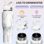 SENDESTAR 32oz Water Bottle Wide Mouth Stainless Steel Vacuum Insulated Double Wall with 2 Straw Lids Fit in Any Car Cup Holder TXIN-32-Marbling