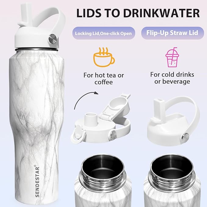 SENDESTAR 32oz Water Bottle Wide Mouth Stainless Steel Vacuum Insulated Double Wall with 2 Straw Lids Fit in Any Car Cup Holder TXIN-32-Marbling