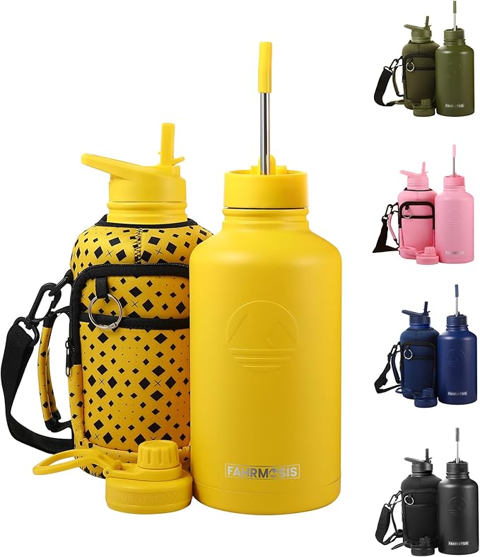 64 Oz Insulated Water Bottle with Strap Stainless Steel Sports Water Bottle with 3 Lids (Straw, Chug and Flip Lid) Leak Proof Metal Half Gallon Jug for Men & Women - Yellow