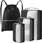 4 Set Compression Packing Cubes for Travel, Bonus Versatile Drawstring Backpack, Lightweight Luggage Organizer Bags, Sturdy Travel Accessories for Suitcase, Black