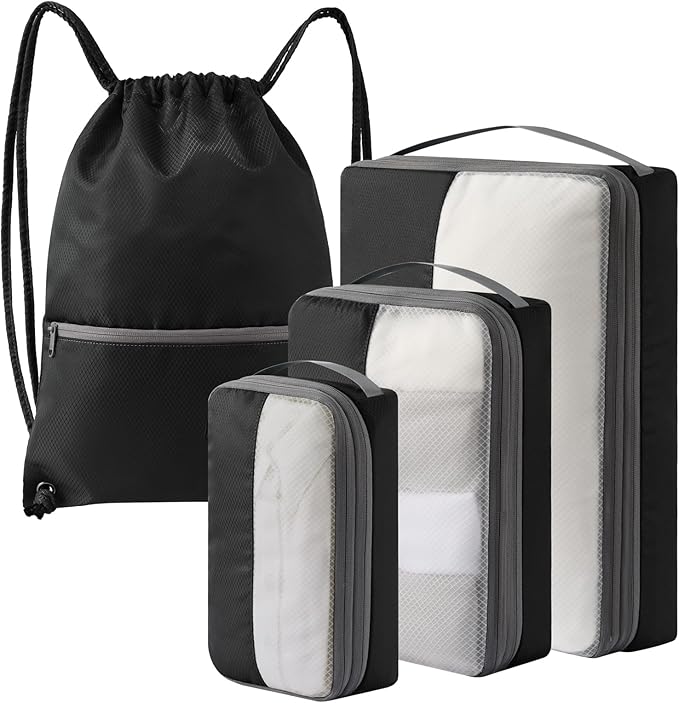 4 Set Compression Packing Cubes for Travel, Bonus Versatile Drawstring Backpack, Lightweight Luggage Organizer Bags, Sturdy Travel Accessories for Suitcase, Black