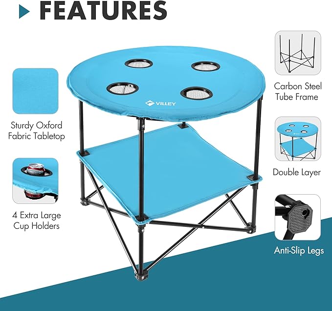 VILLEY Folding Camping Table, Lightweight Double-Layer Round Table with 4 Cup Holders and Carry Bag, Portable Beach Table for Camp, Travel, Fishing, Outdoor Activities, Blue