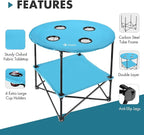 VILLEY Folding Camping Table, Lightweight Double-Layer Round Table with 4 Cup Holders and Carry Bag, Portable Beach Table for Camp, Travel, Fishing, Outdoor Activities, Blue