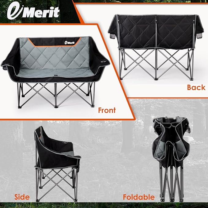 EMERIT Oversized Double Duo Camping Chair Folding Camping Loveseat 2 Person Camping Couch Heavy Duty Lawn Chairs for Outside with Padded Seats & Armrests-Support 650LBS