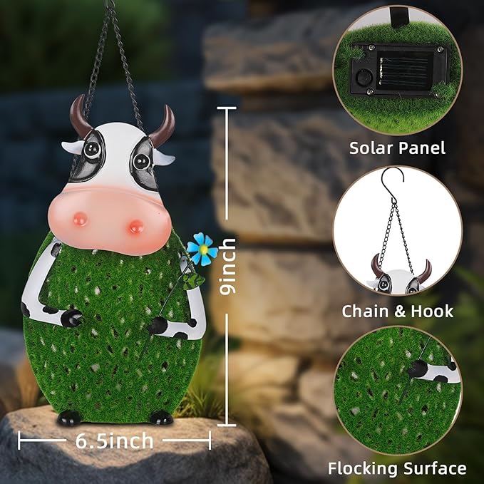 Cow Lanterns Decorative Outdoor with Hook and LED Light Solar Hanging Lights Outdoor Waterproof Unique Gift for Farmhouse