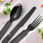 Portable Silverware Black Flatware Camping Cutlery Stainless Steel Spoon Fork Knife and Bottle Opener 4 Pieces Utensil Outdoor Travel Foldable Easy to Clean