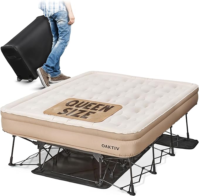 Queen Air Mattress with Frame, Self Inflating/Deflating Bed for Adults - PeakRest Blow Up Bed, Camping Cot with Mattress for Adults - Portable Queen Bed with Travel Rolling Case on Wheels