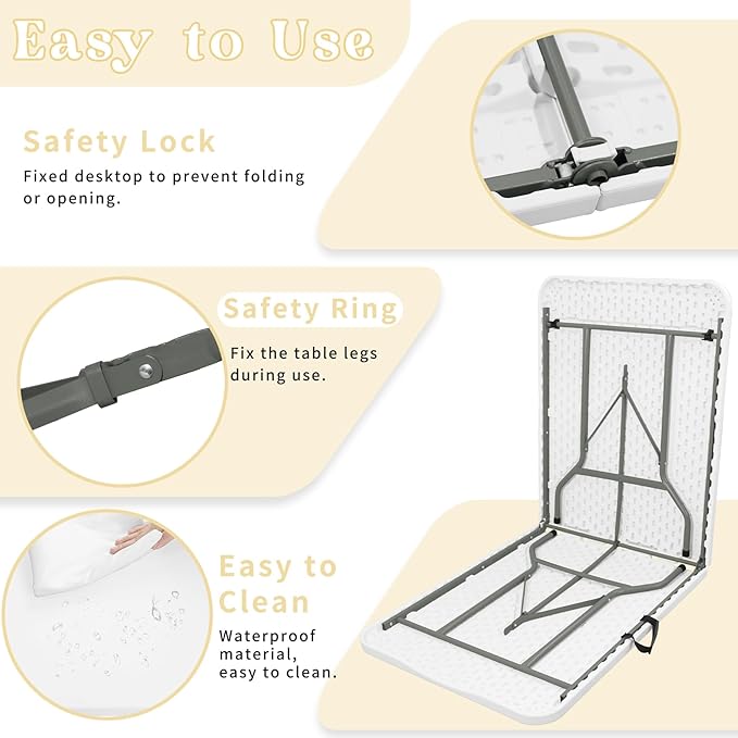 Folding Table 6 FT Lightweight Camping Table Portable Plastic Rectangular Outdoor Dining Table Steel Legs Fold-in-Half with Carrying Handle for Indoor,Picnic,Party,Wedding,Events(White)