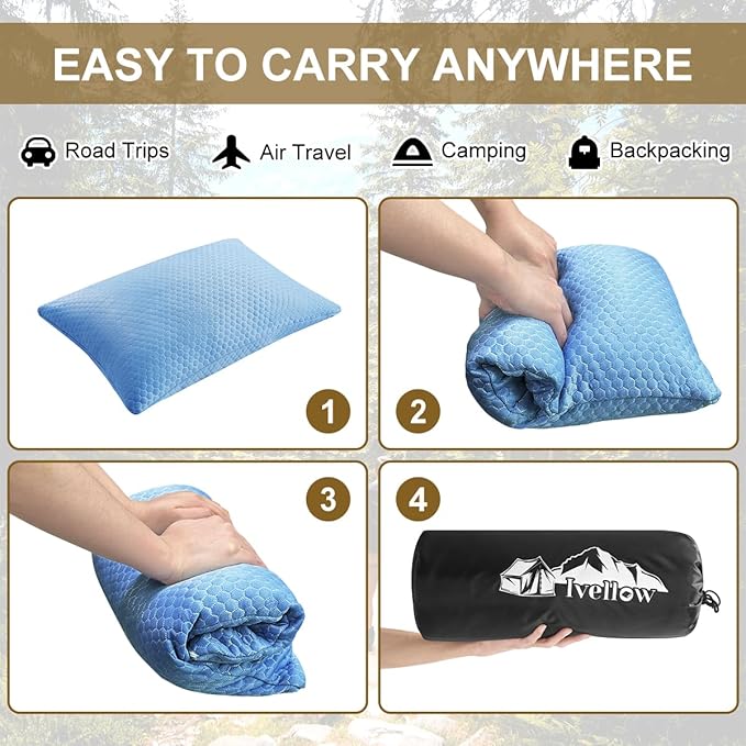 Ivellow Travel Pillow Cooling Camping Pillow for Sleeping Compressible Shredded Memory Foam Pillow Compact Firm Supportive Pillow for Adults Kids Outdoor Backpacking Hiking Essential Gear Blue S