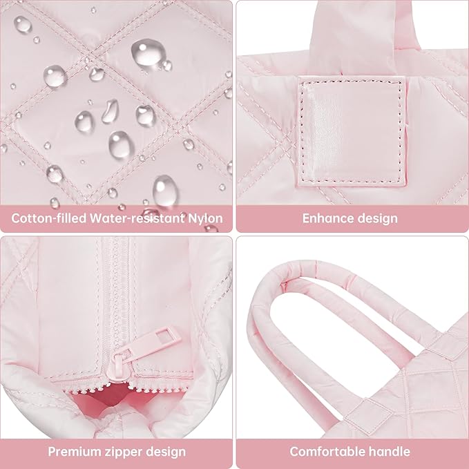 Puffer Tote Bag for Women, Quilted Bag with Zipper, Small Tote HandBags for Work, Travel