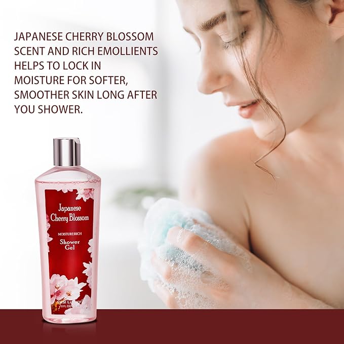 Japanese Cherry Blossom Bath and Body Set Shower Gel and Body Cream - Nourishing and Moisturizing Daily Skincare - 8 fl.oz / 236mL Each, Birthday Anniversary Wedding Gifts for Her and Him