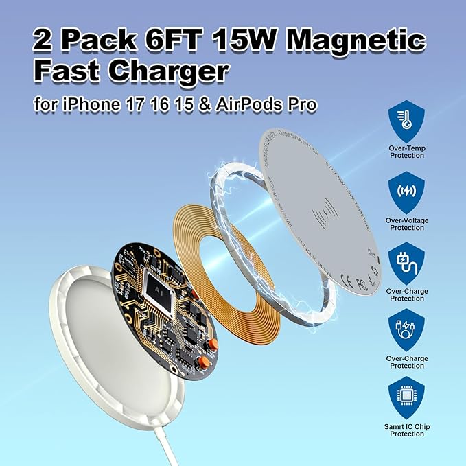 [Apple MFi Certified] Magnetic Wireless Charger Apple MagSafe Charger 6FT Fast Wireless Charging Pad 15W Magnetic Charger for iPhone 17 16 15 14 13 12 11 Pro Max Plus/AirPods 2 3 4 Pro 2 3 [2 Pack]