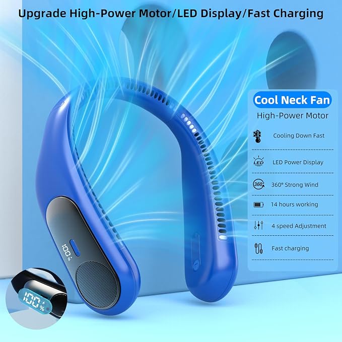 Portable Neck Fan,Personal Wearable Bladeless Fan,LED Display,4-Speeds,6000mAh USB Rechargeable,360° Strong Cooling Wind,Hands Free,Long Lasting,Birthday Gifts for Men Women Dad Mom (Navy)