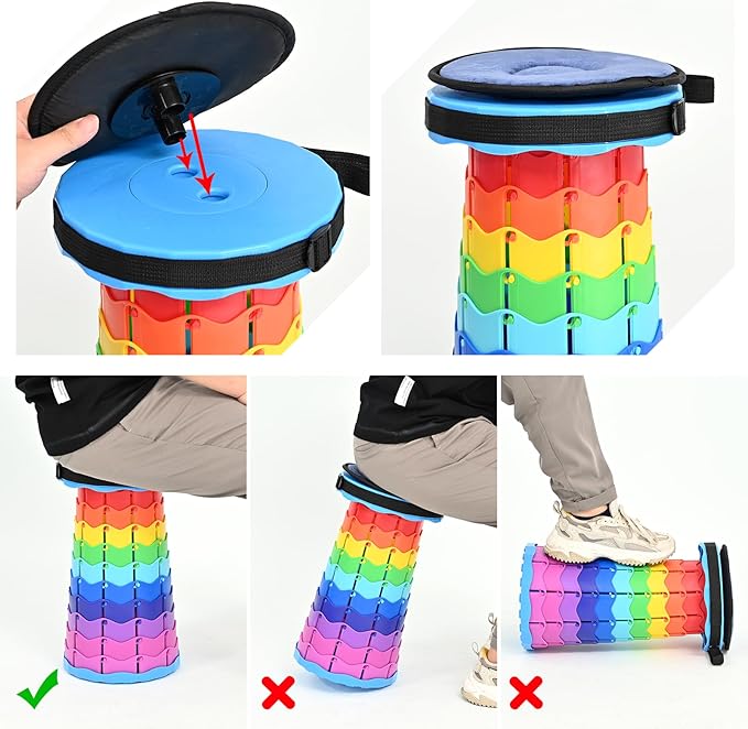 2 Pack Upgraded Collapsible Stool Folding Stool with Cushion,Retractable Folding Stool Max Load Capacity 400lbs, Portable Telescoping Stools for Camping Hiking Outdoor BBQ Fishing-Rainbow