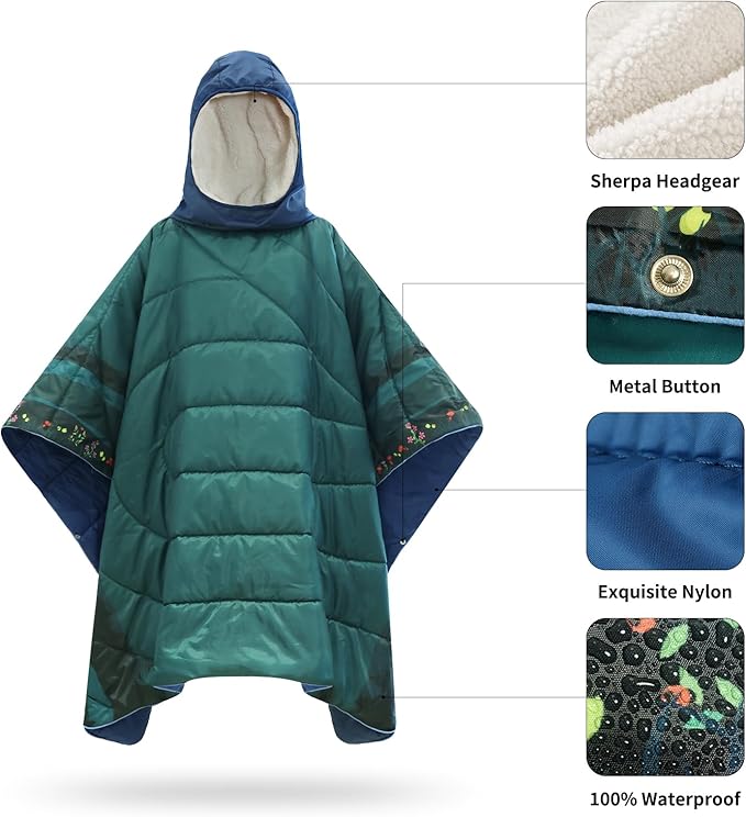 Camping Blanket, Poncho Wearable Hoodie Blankets Outdoor Waterproof Windproof
