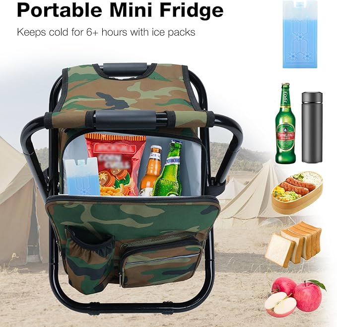 Heavy Duty 350lbs Backpack Cooler Chair for Adults, Folding Camp Stool with Cooler for Fishing, Camouflage