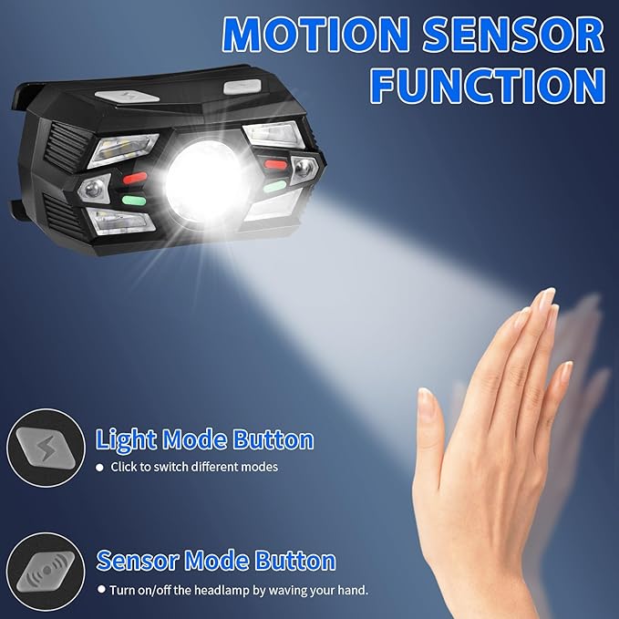 3Pack Headlamp Rechargeable, Super Bright Head Lamps LED Rechargeable, LED Headlight with Motion Sensor, Head Lights for Forehead with Red Light, Headlamps for Adults Kids Camping Essentials Running