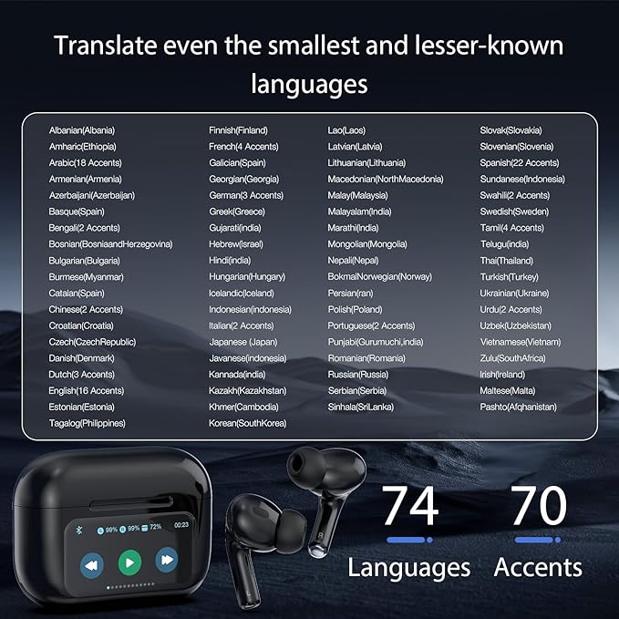 Ai Translation Earbuds Real Time 144 Languages & Accents Translator Earbuds with 8-Language Offline Translator Device Two Way, Auriculares de traducción for Language Learning Travel Business White