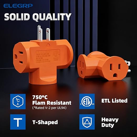 ELEGRP 3-Prong Heavy Duty Power Extender to Triple Outlet in T Direction, Multi-Directional Grounded Wall Tap Outlet Extender with 3 Prong Plug-in, 15-Amp, 125-Volt, ETL Listed, 2 Pack, Orange