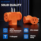 ELEGRP 3-Prong Heavy Duty Power Extender to Triple Outlet in T Direction, Multi-Directional Grounded Wall Tap Outlet Extender with 3 Prong Plug-in, 15-Amp, 125-Volt, ETL Listed, 2 Pack, Orange