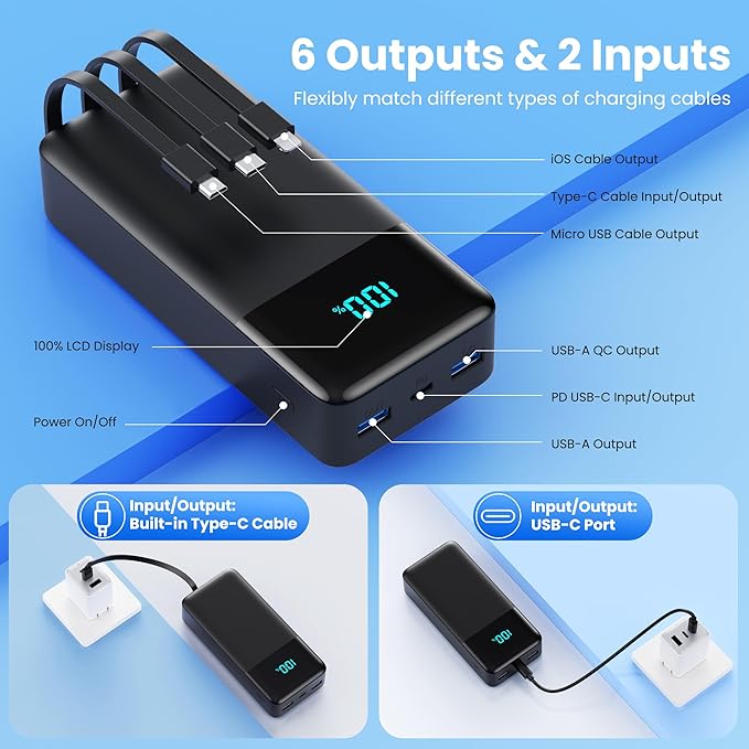 Portable Charger 50800mAh Power Bank with 3 Built-in Cable,25W PD USB C Power Bank Fast Phone Charging,QC4.0 Travel Outdoor Essential Portable Phone Battery Pack for iPhone 17/16/15/14,Galaxy Android