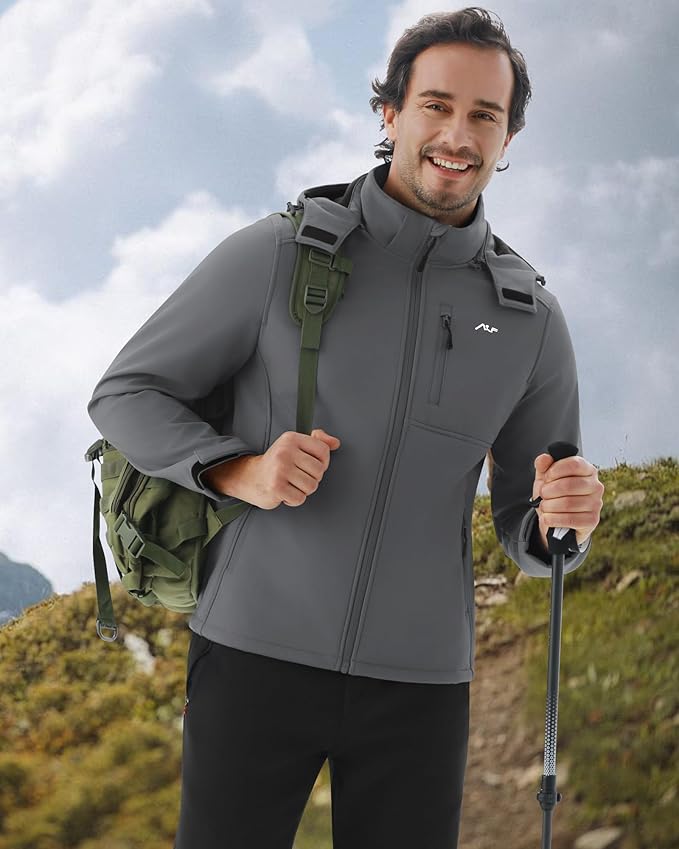 WULFUL Men's Softshell Jacket Waterproof Lightweight Insulated Windbreaker Fleece Lined Rain Shell Jacket for Hiking Travel