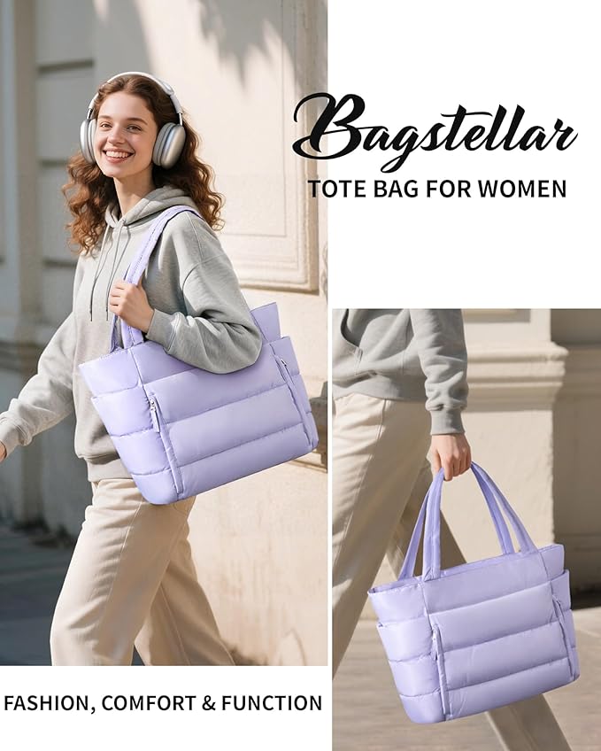 Puffer Tote Bag for Women, Lightweight Puffy Work Handbag Teacher Nurse Quilted Shoulder Bag for School Travel Gym