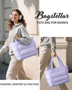 Puffer Tote Bag for Women, Lightweight Puffy Work Handbag Teacher Nurse Quilted Shoulder Bag for School Travel Gym