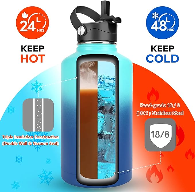 Water Bottle Insulated 32oz 40oz 64oz 128oz Straw Lid Spout Lid & 3 Lids, Leak Proof, Vacuum Insulated,Stainless Steel Water Bottle Wide Mouth for Sports, Gym or Office