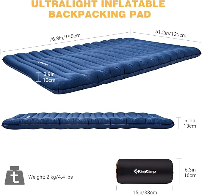 KingCamp Double Sleeping Pad for Camping, Rollover Prevention Inflatable Queen Camping Mattress 2 Person Ultralight Air Mat for Backpacking Hiking Tent Cot