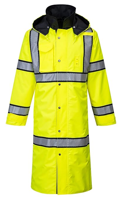 Portwest UH447 Waterproof Reversible Raincoat Hi Vis Reflective Long Safety Rain Jacket Yellow/Black, Medium