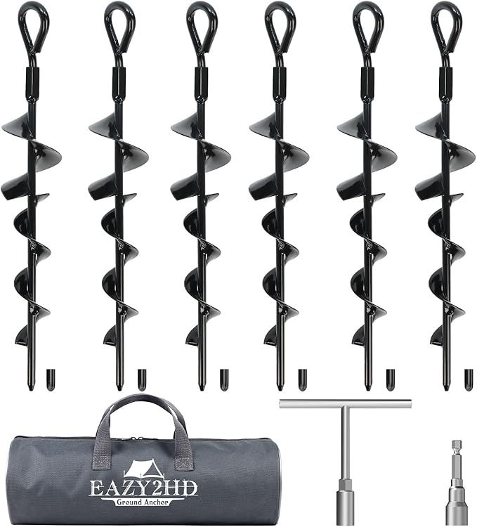 Eazy2hD 6 Pack Tent Stakes Heavy Duty, 15 Inch Ground Anchors Screw in, Metal High Winds Trampoline Stake with Nut and Tool, Spiral Anchor Kit for Camping, Swing Set, Mobile Home, Car Ports