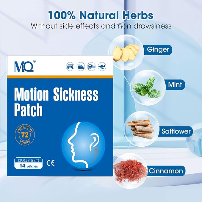 MQ 14ct Motion Sickness Patches Non Drowsy, Sea Sickness Patches for Cruise Travel Essentials, Waterproof Patch Behind Ear for Car Airplane Altitude Sickness, Long Last 72H