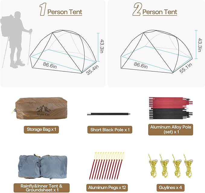 Night Cat Ultralight Backpacking Tent: Waterproof Lightweight Two People Camping Tent for Outdoor Hiking Trekking with Double Layers Aluminum Poles and Footprint