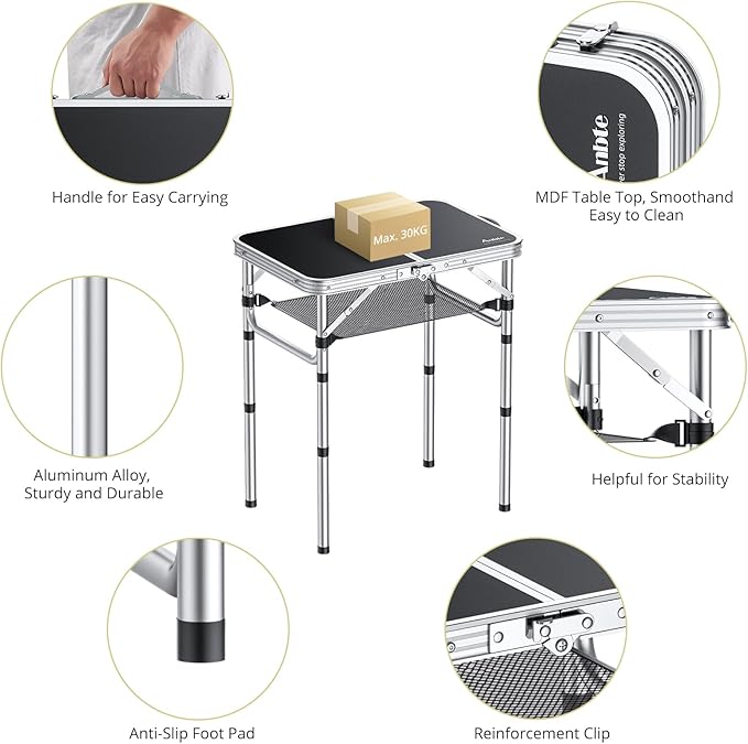 2ft Camping Table Foldable, 3 Adjustable Heights 26.3" Aluminum Small Folding Table with Storage Net, Lightweight, Portable Handle for Travel Outdoor Beach Picnic, 23.2" x 16", Black