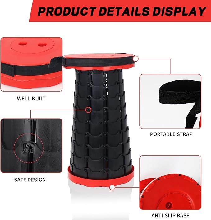 Upgraded Camping Folding Stool with Carrying Straps Lightweight Yet More Sturdy with Load Capacity 450lbs Portable Collapsible Retractable for Camping Fishing Hiking BBQ（Red-Black）
