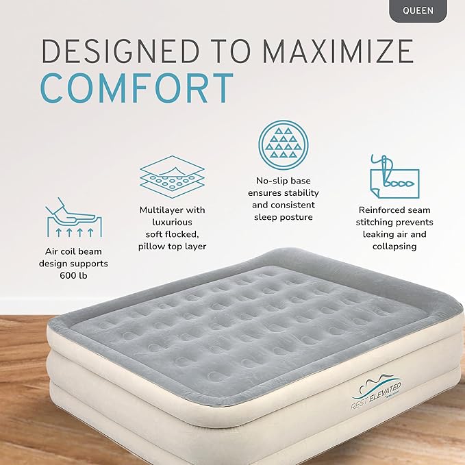 RestElevated Luxury Pillow Top Queen Size Air Mattress with Built in Pump | 20" Raised Height with Coil Beam Support | Adjustable Blow Up Air Bed | for Home, Guests and Camping [White with Grey Top]