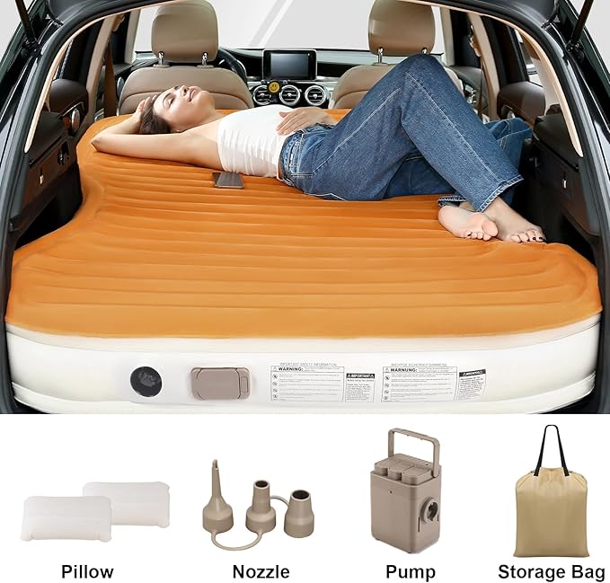 KMZ SUV Air Mattress with Built-in Pump & 2 Pillows, Thickened Flocked PVC, Quick 90-Seconds Inflation Air Bed, Portable & Durable Car Air Bed for Camping, Travel, Truck