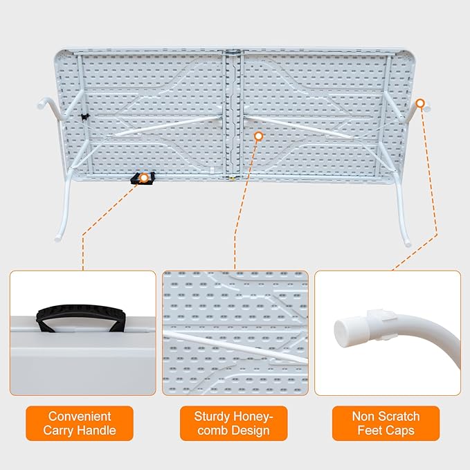 6 FT Folding Table with Carry Handle, Portable Fold-in-Half Plastic Table, Rectangle Foldable Table for Indoor/Outdoor White