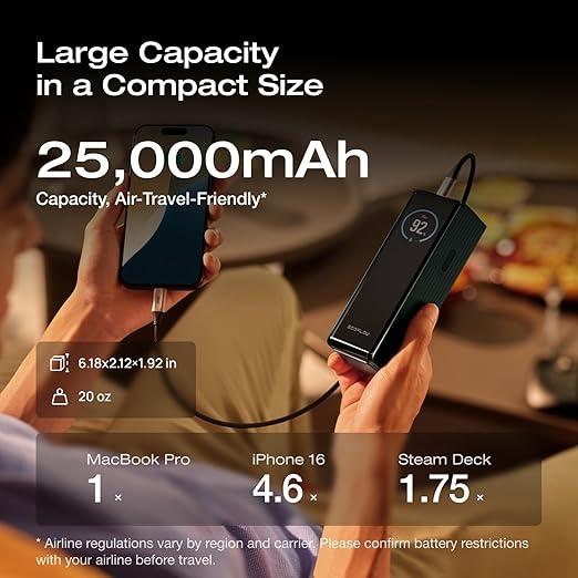 EF ECOFLOW Rapid Power Bank 25,000mAh, 170W Portable Charger with Dual 140W USB-C Ports for Multi-Device Charging, Smart TFT Screen, Compatible with iPhone Series, Samsung, Laptop and More (Green)