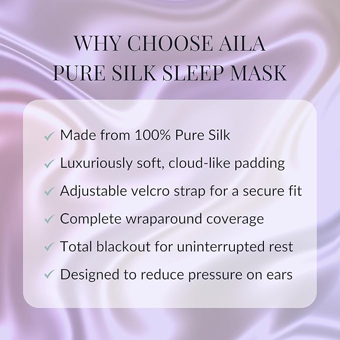 Aila 100% Mulberry Silk Sleep Mask Eye Mask for Men and Women with Adjustable Headband, Full Size Large Sleep Mask & Blindfold for Total Blackout for All Night Sleep, Deep Meditation